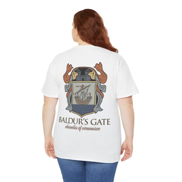 Baldur's Gate Chamber of Commerce Shirt - White shirt, back, worn by woman