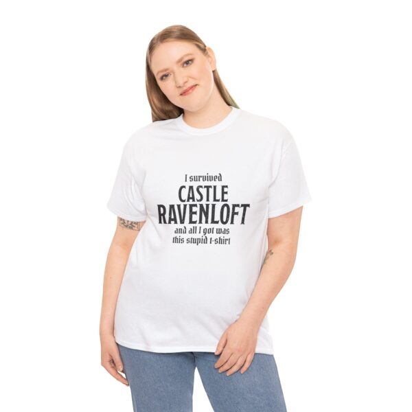 A white D&D shirt telling people that you survived castle ravenloft of the Curse of Strahd, worn by a woman