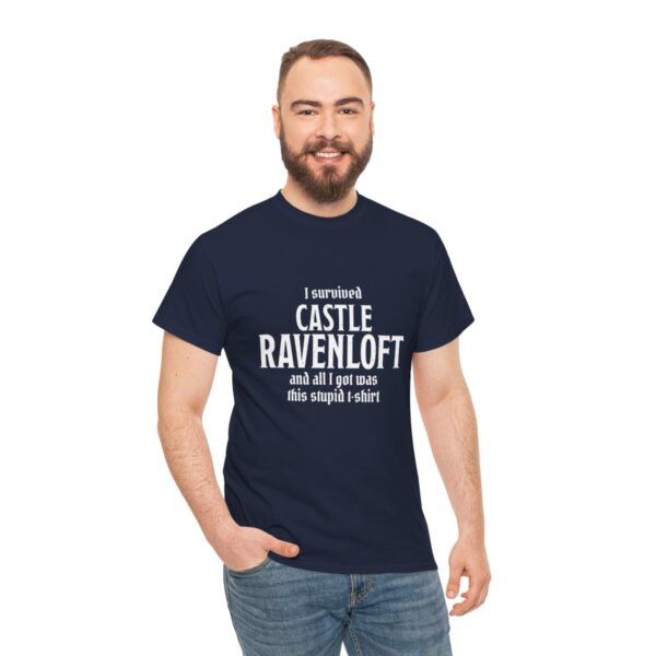 A navy blue D&D shirt telling people that you survived castle ravenloft of the Curse of Strahd, worn by a man