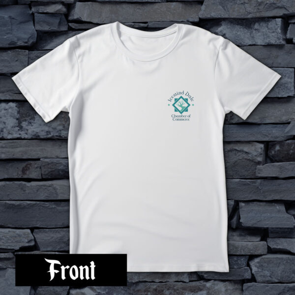 Icewind Dale Chamber of Commerce Shirt, White, front against wall