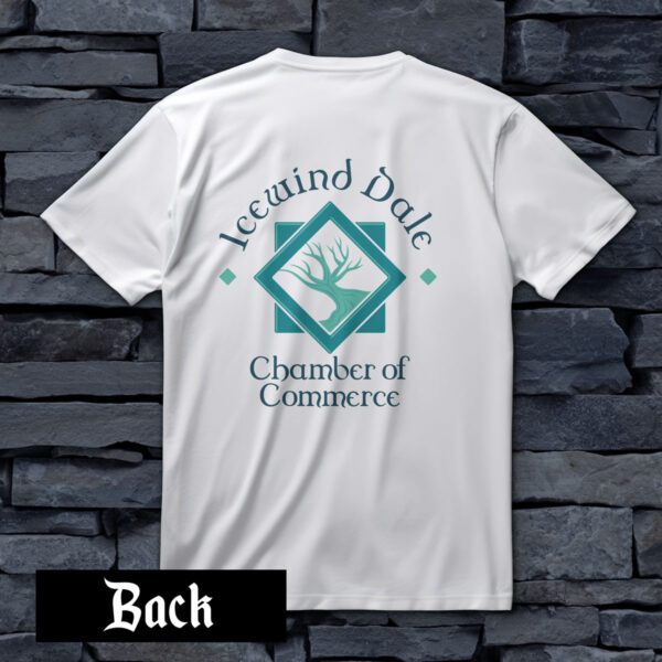 Icewind Dale Chamber of Commerce Shirt, White, back, against wall