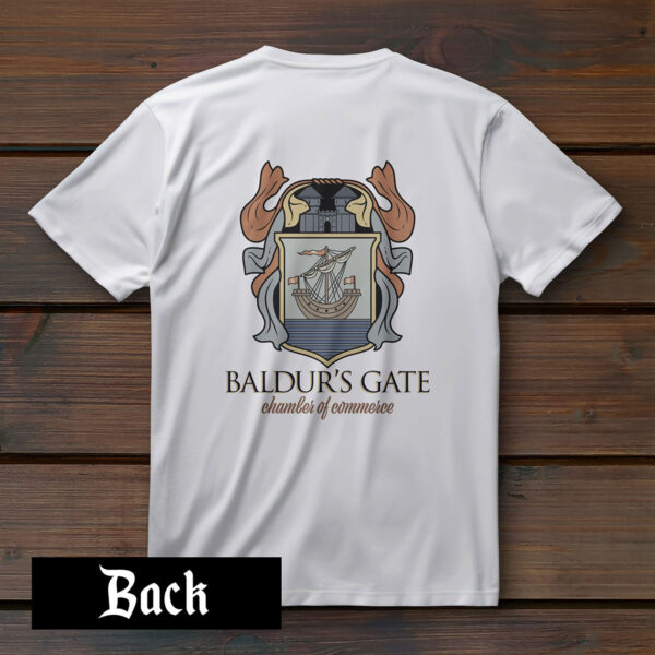 Baldur's Gate Chamber of Commerce Shirt - White shirt, back, on wall