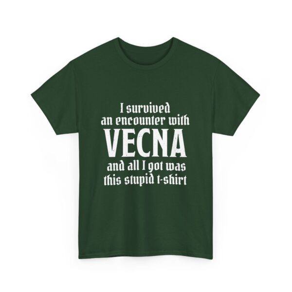 A forest green D&D shirt telling people that you survived a D&D encounter with the powerful lich Vecna