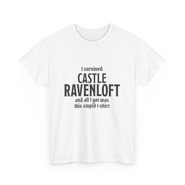 A white D&D shirt telling people that you survived castle ravenloft of the Curse of Strahd