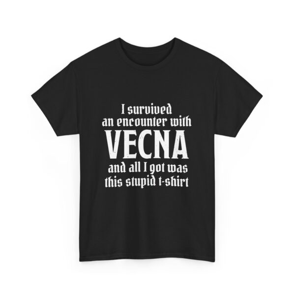 A black D&D shirt telling people that you survived a D&D encounter with the powerful lich Vecna