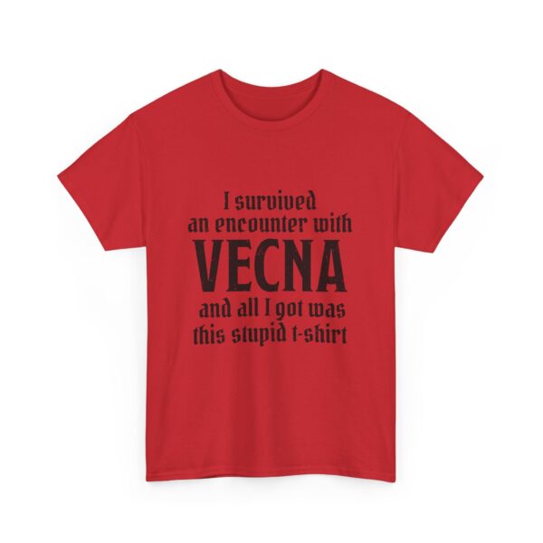 A red D&D shirt telling people that you survived a D&D encounter with the powerful lich Vecna