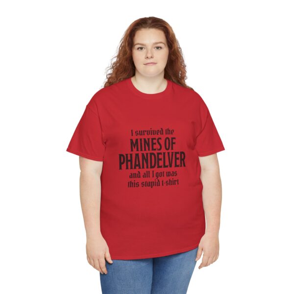 A red D&D shirt telling people that you survived the Mines of Phandelver, a D&D module, worn by a woman