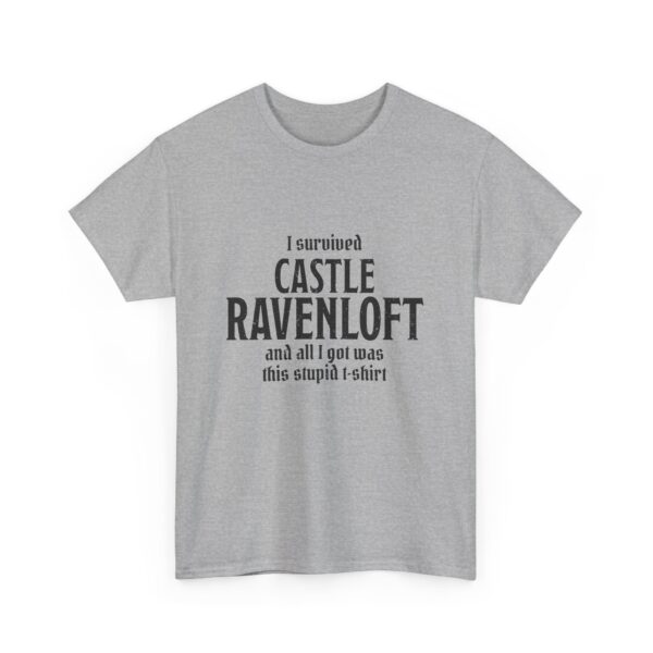 A sport gray D&D shirt telling people that you survived castle ravenloft of the Curse of Strahd