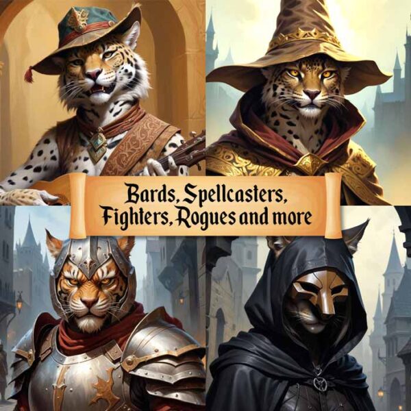 D&D Classes for Tabaxi Khajit Cat People portraits and tokens for D&D, RPG games, and VTTs - Artificer, Fighter, Bard, Barbarian, Paladin, Druid, Ranger, Sorcerer, Wizard, Warlock, Rogue