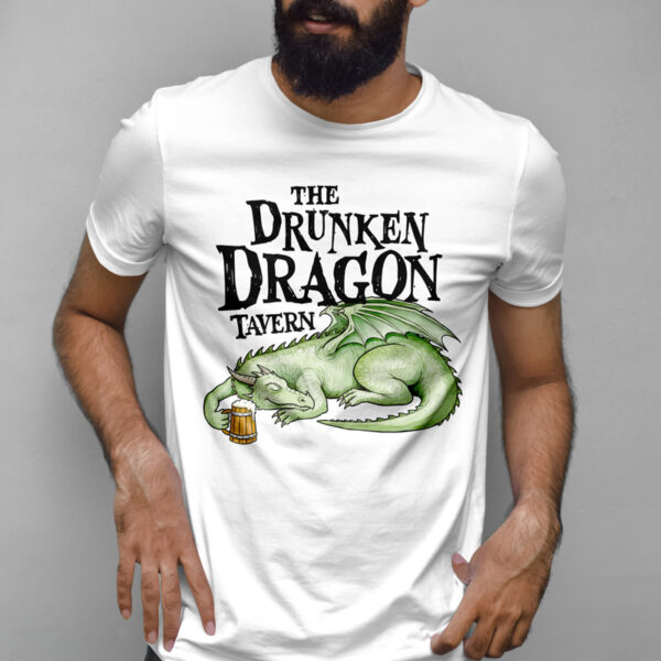 Drunken Dragon Tavern Tee - White T-Shirt - Modeled by man