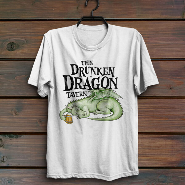 Drunken Dragon Tavern Tee - White T-Shirt on Wood Background