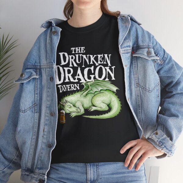 Drunken Dragon Tavern Tee - Black T-Shirt and Jean Jacket - Modeled by woman