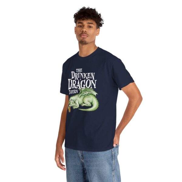 Drunken Dragon Tavern Tee - Navy Blue T-Shirt - Modeled by man