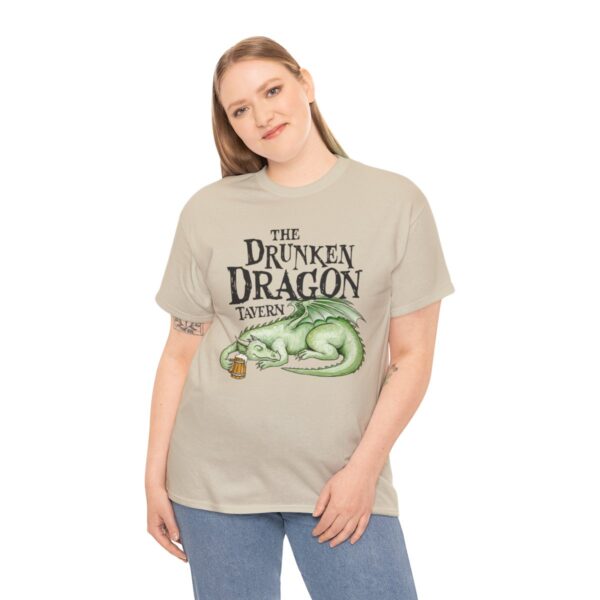 Drunken Dragon Tavern Tee - Sand T-Shirt - Modeled by Woman