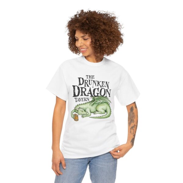 Drunken Dragon Tavern Tee - White T-Shirt - Modeled by woman